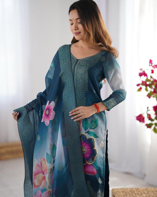 Elegant Chanderi Silk Suit Set with Digital Jacquard Work