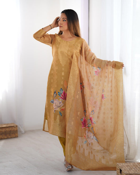 Elegant Chanderi Silk Suit Set with Digital Jacquard Work