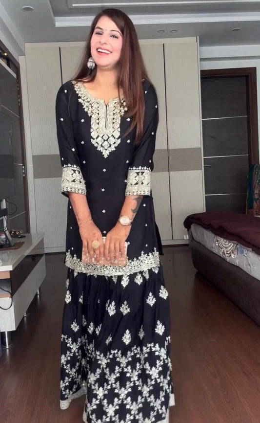 Black  colored Embroidered Attractive function Wear gorgette Silk fabric Kurti pair has a Regular-fit to customer*