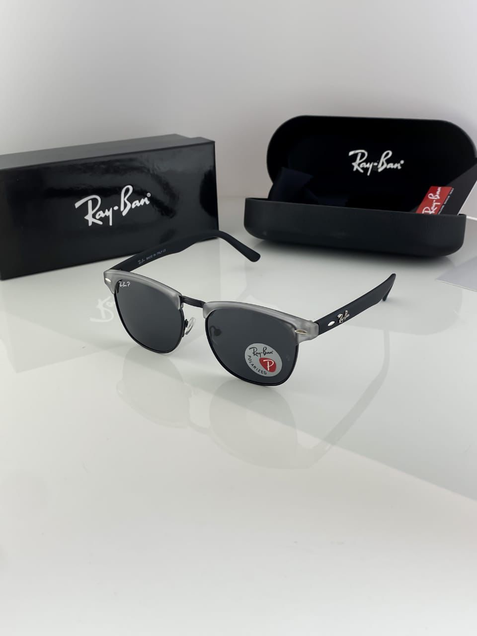 Ray-Ban Clubmaster Polarized Sunglasses – Matte Black & Transparent Grey Frame