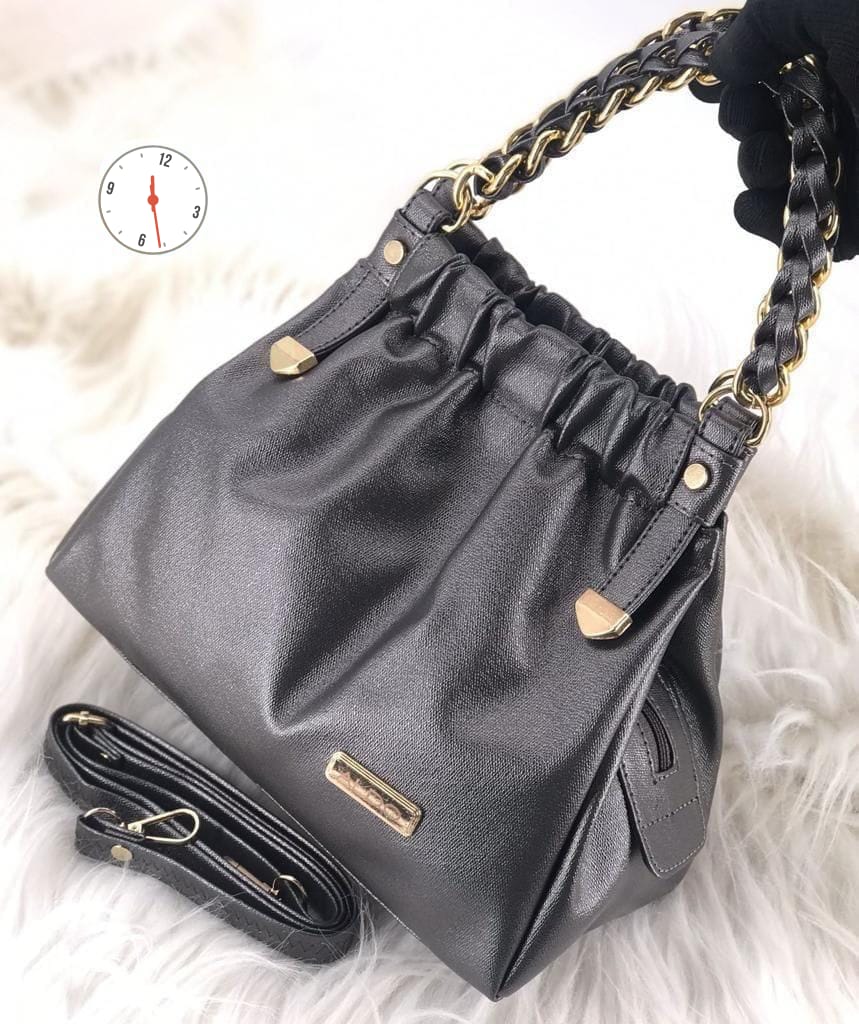 ALDO Black Faux Leather Chain-Strap Bucket Bag